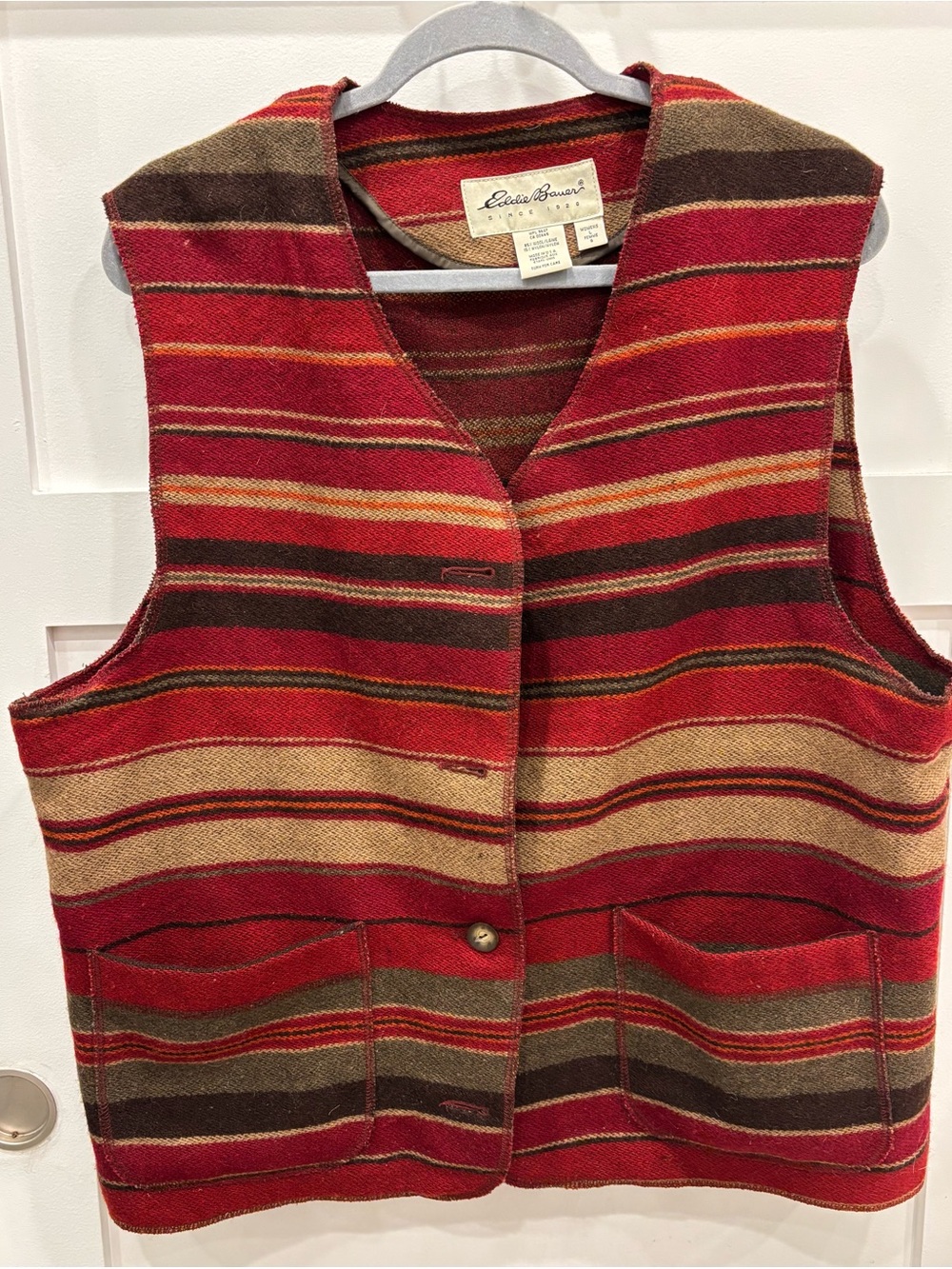 Vintage Eddie Bauer Red Striped Wool-Blend Vest with Brown and Tan Accents